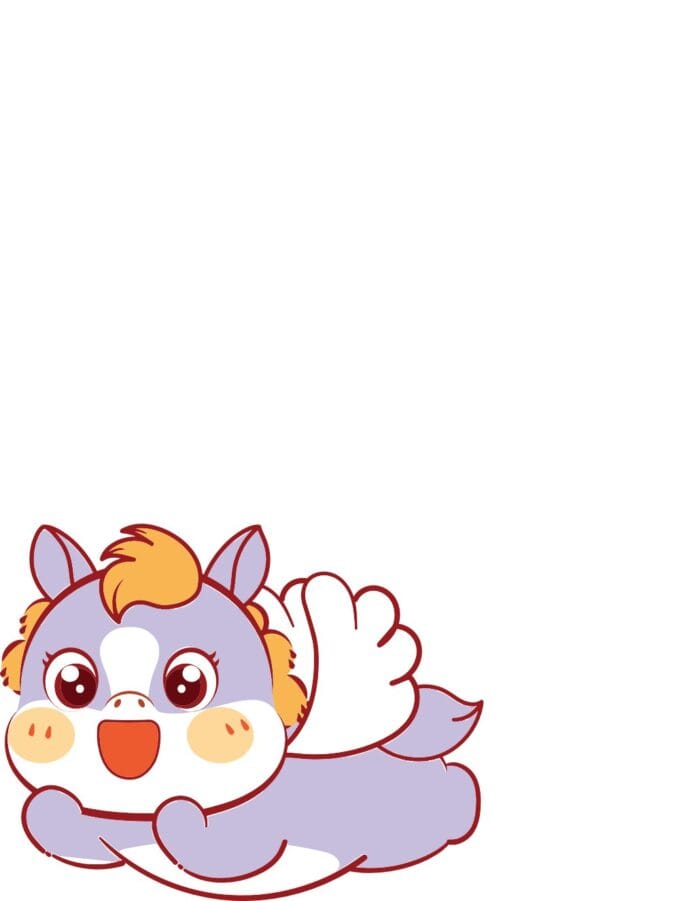 Minh họa vector pony chibi dễ thương nằm sấp, cánh nhỏ màu trắng, bờm vàng cam, mắt to tròn cười tươi trên nền trắng.