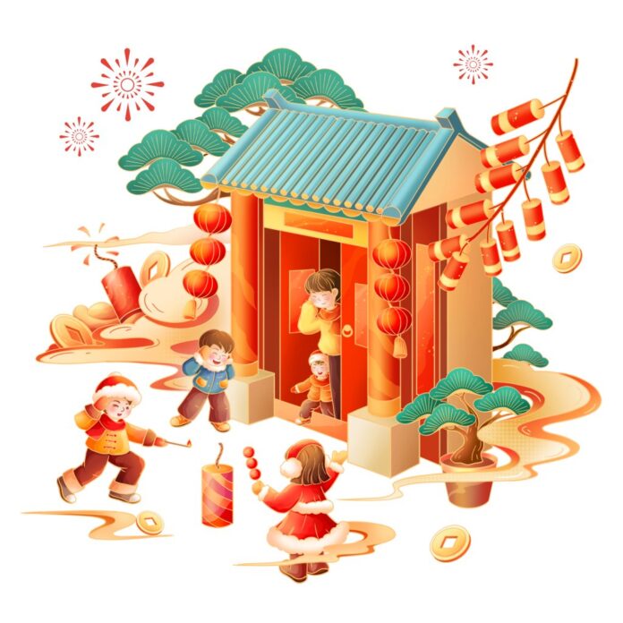 Minh họa Tết Chibi phong cách hoạt hình, gia đình sum vầy bên ngôi nhà cổ truyền, pháo và đèn lồng đỏ.