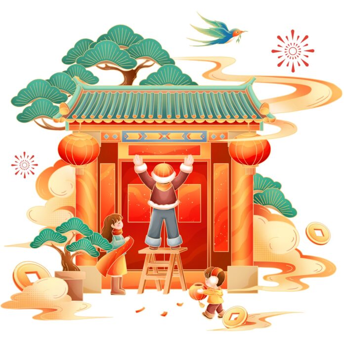 Hình ảnh minh họa Tết Nguyên Đán sum vầy với gia đình đang trang trí cổng làng truyền thống, đèn lồng đỏ, cây thông xanh ngọc và các đồng tiền vàng bay lượn trên nền màu đỏ, cam, vàng tươi vui.