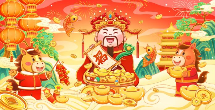 Minh họa hoạt hình Thần Tài Tết 2025 vui tươi, với Thần Tài phúc hậu, ngựa, tiền vàng, chữ Phúc và các biểu tượng may mắn, tài lộc.