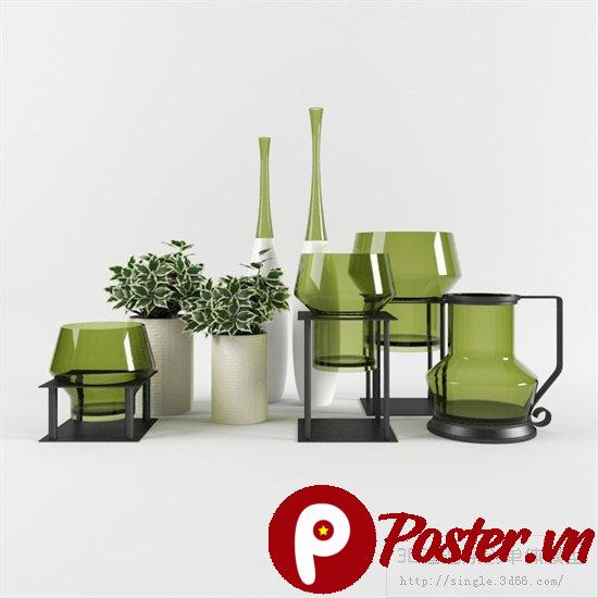 Mô hình 3D vật dụng trang trí nội thất tối giản hiện đại với bình thủy tinh xanh, cây xanh và giá đỡ đen trên nền trắng studio.