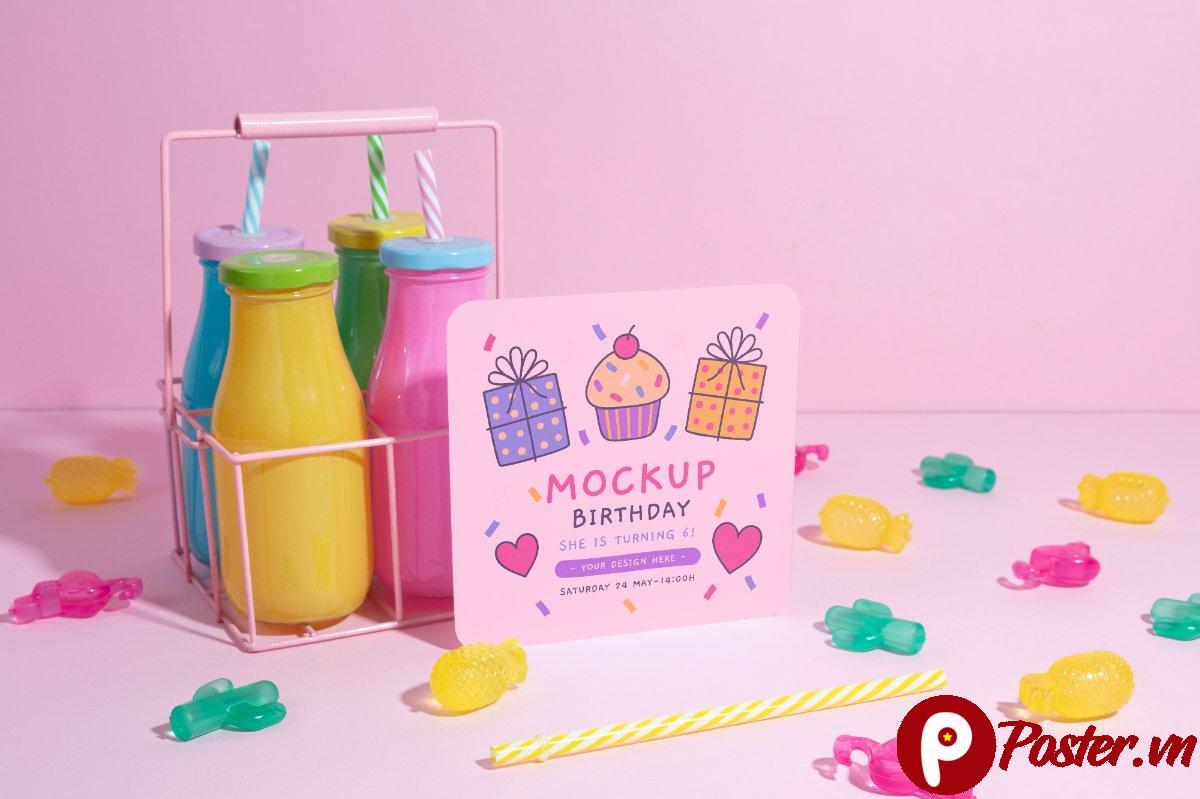Mockup lời mời sinh nhật hồng pastel