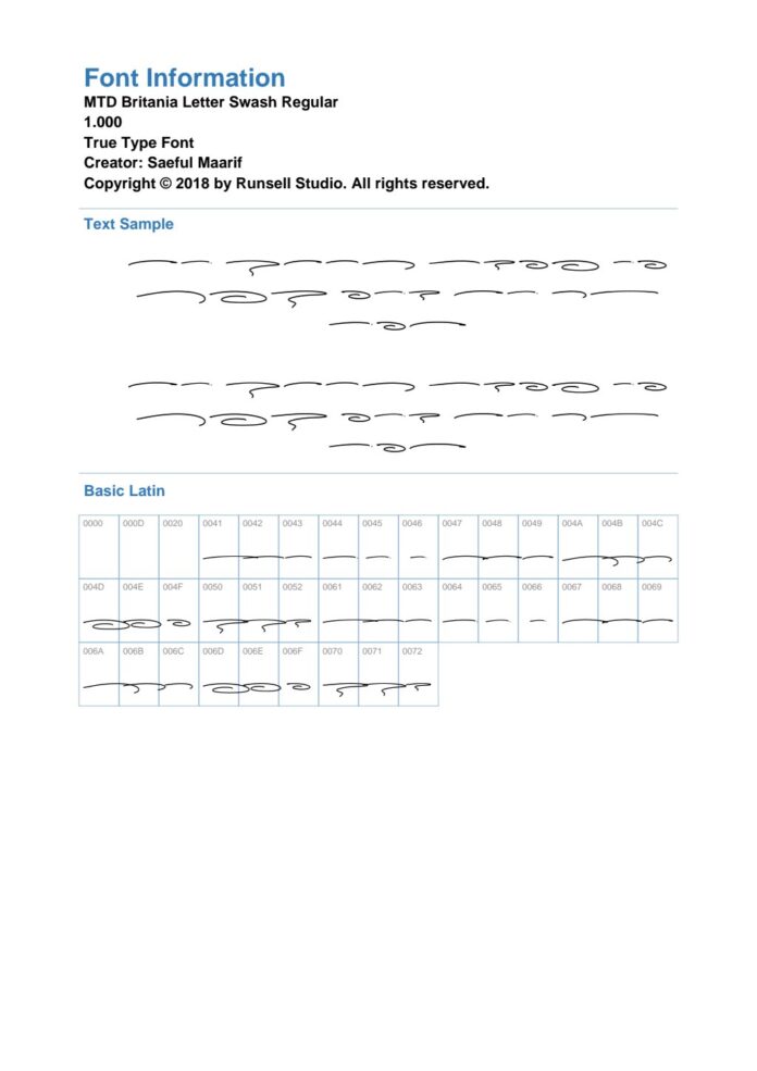 Mẫu phông chữ MTD Britania Letter Swash Regular với các ký tự viết tay thanh lịch và nét uốn lượn trang trí độc đáo.