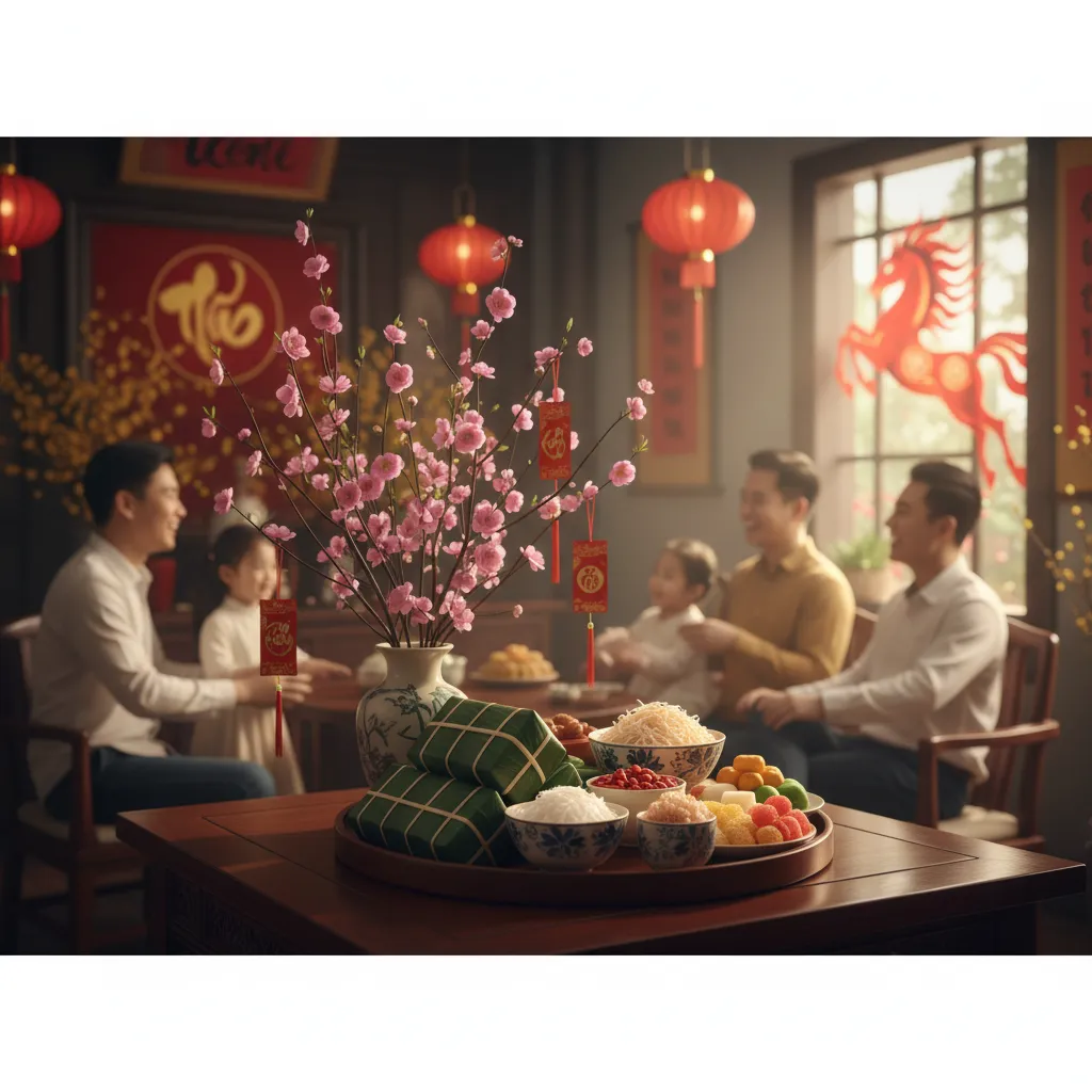 Hình ảnh lịch Tết Nguyên Đán Bính Ngọ 2026 với các ngày 30 Tết, Mùng 1, Mùng 2 kèm theo những gợi ý về thực đơn, địa điểm vui chơi và quà biếu Tết.