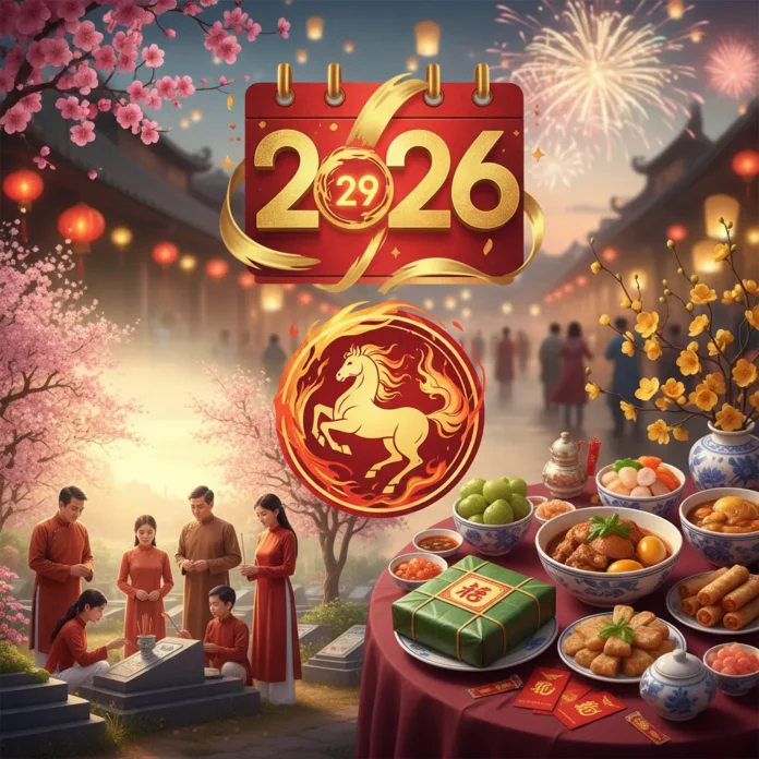 Lịch Tết Âm 2026, hình ảnh gia đình sum vầy đón xuân Bính Ngọ, trang trí cành đào, mai, câu đối đỏ.