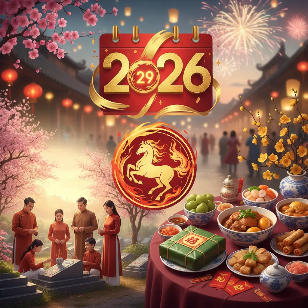 Lịch Tết Âm 2026, hình ảnh gia đình sum vầy đón xuân Bính Ngọ, trang trí cành đào, mai, câu đối đỏ.