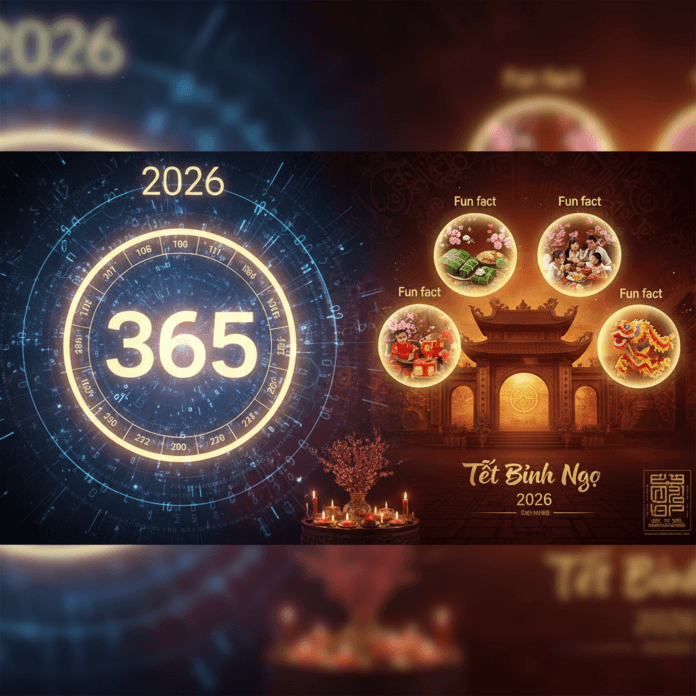 Lịch âm dương 2026 với biểu tượng con ngựa và hoa mai, hoa đào, tượng trưng cho Tết Bính Ngọ sắp đến, trên nền đỏ truyền thống.