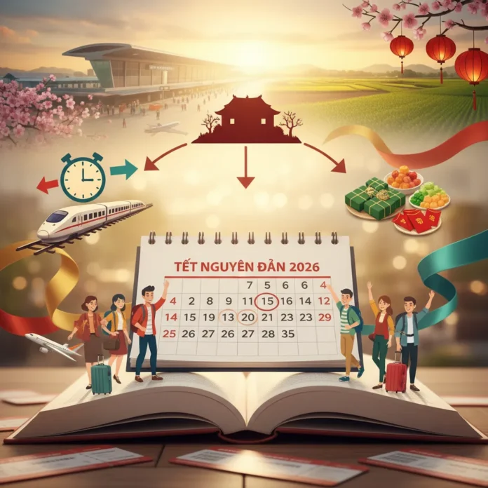 Mọi người đang háo hức chuẩn bị cho kỳ nghỉ Tết Nguyên Đán 2026, với vali, vé tàu xe và hình ảnh gia đình sum vầy, thể hiện sự đoàn viên và niềm vui của ngày lễ lớn nhất năm.