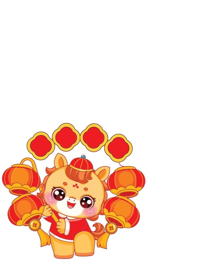 Vector ngựa chibi đáng yêu cầm lồng đèn rực rỡ, phong cách hoạt hình lễ hội Á Đông, nền trắng.