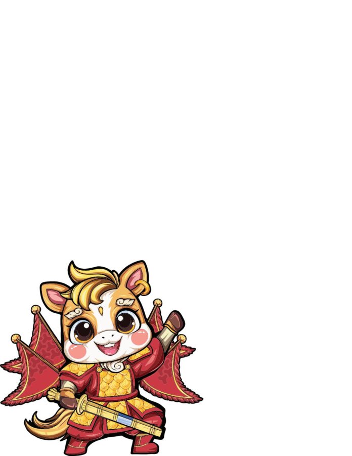 Linh vật ngựa chibi chiến binh vector áo giáp đỏ cầm kiếm