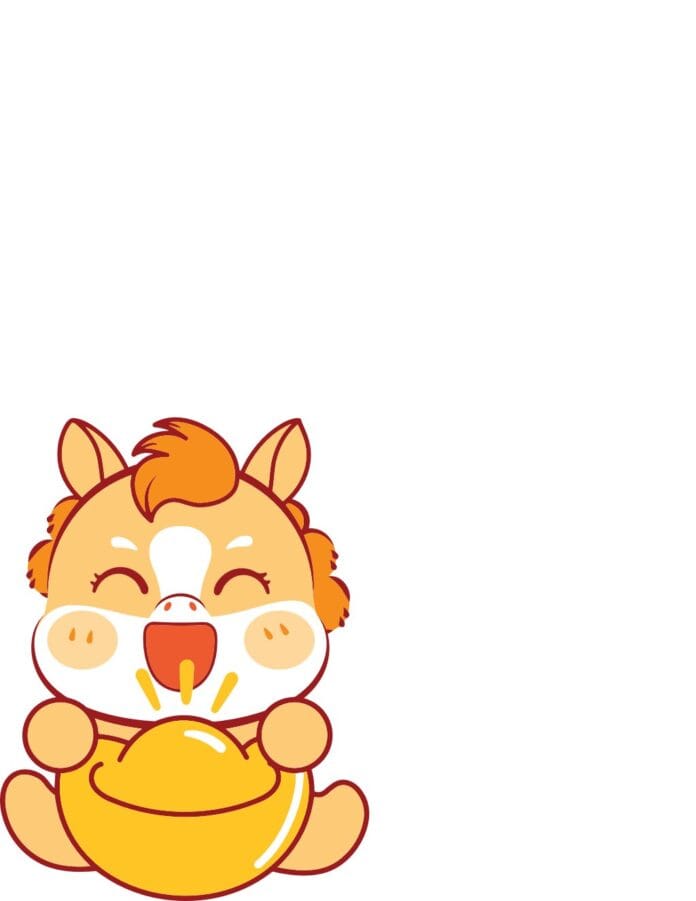 Linh vật ngựa con chibi đáng yêu, mũm mĩm ôm thỏi vàng kim nguyên bảo, biểu tượng may mắn và tài lộc, phong cách hoạt hình vector EPS.