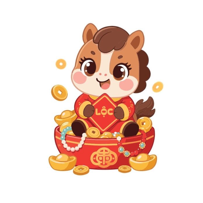 Chú ngựa chibi đáng yêu ôm chữ LỘC, ngồi trong bát vàng đầy tài lộc, phong cách hoạt hình Tết Nguyên Đán