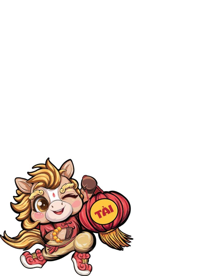 Chú ngựa chibi cầm đèn lồng Tết có chữ TÀI, vector EPS đáng yêu