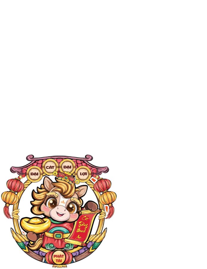 Vector Ngựa Chibi phong cách hoạt hình đón Tết Nguyên Đán với thỏi vàng, lồng đèn và thư pháp Cát Tường Bình An, mang ý nghĩa Đại Cát Đại Lợi.