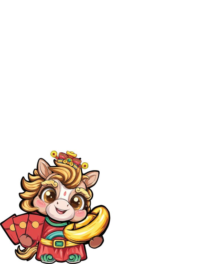 Hình ảnh vector ngựa chibi hoạt hình cầm lì xì và thỏi vàng, phong cách Tết Nguyên Đán, file EPS chất lượng cao.