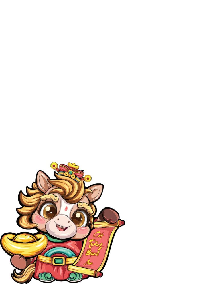 Hình ảnh Ngựa Chibi Vector màu hồng đáng yêu ôm thỏi vàng và cuộn thư pháp đỏ, phong cách hoạt hình.