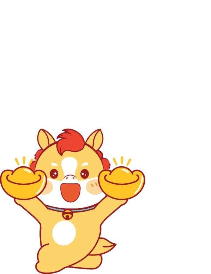 Hình ảnh vector chú ngựa hoạt hình màu vàng tươi cười cầm thỏi vàng kim nguyên bảo may mắn