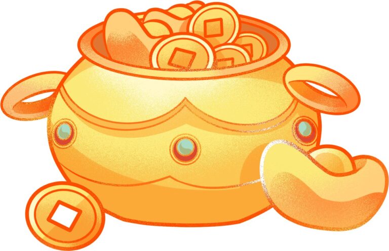 Biểu tượng nồi vàng tài lộc hoạt hình PNG, chứa đầy tiền xu và thỏi vàng nguyên bảo, trên nền trong suốt, tượng trưng cho sự may mắn và thịnh vượng.