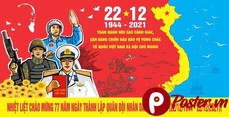Pano kỷ niệm 77 năm Ngày Thành Lập Quân đội Nhân dân Việt Nam (22/12/1944 - 22/12/2021) với hình ảnh lính bộ binh, không quân, hải quân, bản đồ Việt Nam, chim bồ câu hòa bình, hoa hướng dương và thông điệp 