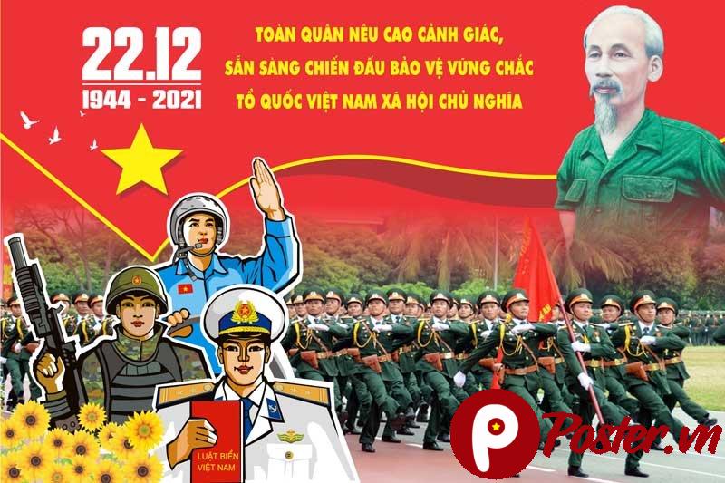 Pano kỷ niệm 77 năm Ngày thành lập Quân đội Nhân dân Việt Nam 22.12 (1944-2021) với hình ảnh Chủ tịch Hồ Chí Minh, các lực lượng quân đội, chim bồ câu, hoa hướng dương, và khẩu hiệu yêu nước.