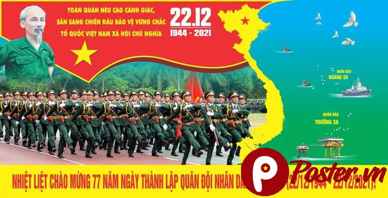 Pano kỷ niệm 77 năm Ngày Thành Lập Quân Đội Nhân Dân Việt Nam (22/12/1944 - 22/12/2021) với hình ảnh Chủ tịch Hồ Chí Minh, bản đồ Việt Nam, biển đảo có tàu chiến và giàn khoan, cùng đoàn quân diễu binh hùng tráng.