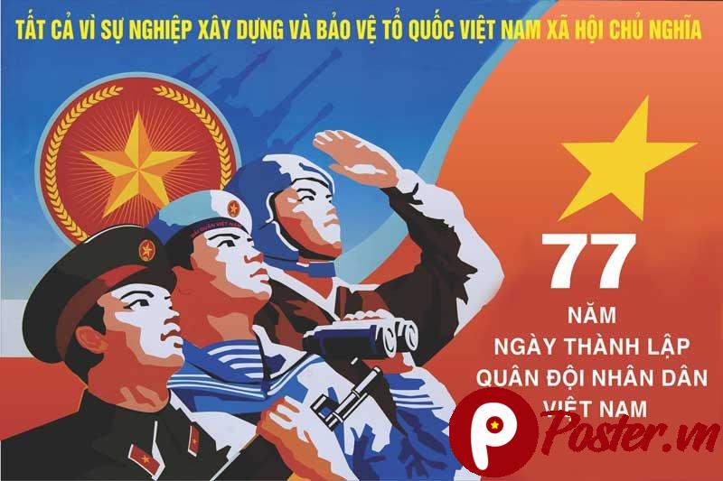 Pano cổ động kỷ niệm 77 năm Ngày thành lập Quân đội Nhân dân Việt Nam với 3 chiến sĩ và biểu tượng quốc gia