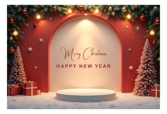 Phông nền vector Giáng sinh và Năm mới hiện đại với khung vòm đỏ, bục trưng bày trắng, cây thông phủ tuyết và hộp quà, định dạng EPS chất lượng cao.