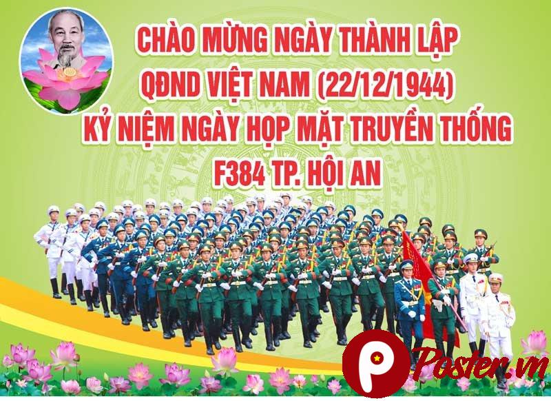 Phông nền Ngày Thành Lập Quân Đội Nhân Dân Việt Nam 22/12 với hình ảnh Bác Hồ, đoàn quân diễu hành, cờ đỏ sao vàng và Quốc huy.