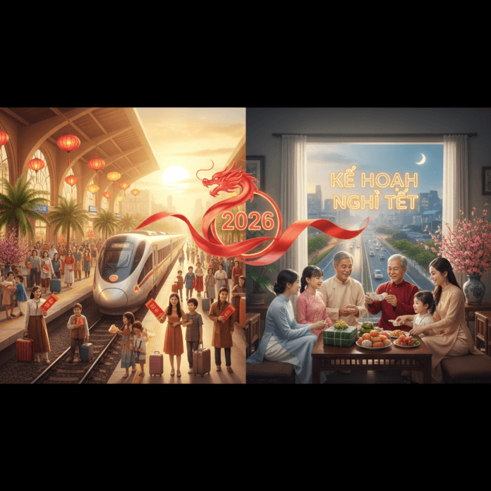 2 Phương Án Nghỉ Tết 2026 Chính Thức Từ Chính Phủ Tổng quan lịch nghỉ Tết 2026 với các phương án chính thức từ Chính phủ, kèm theo hình ảnh trang trí mai đào và pháo hoa rực rỡ đón chào năm mới.