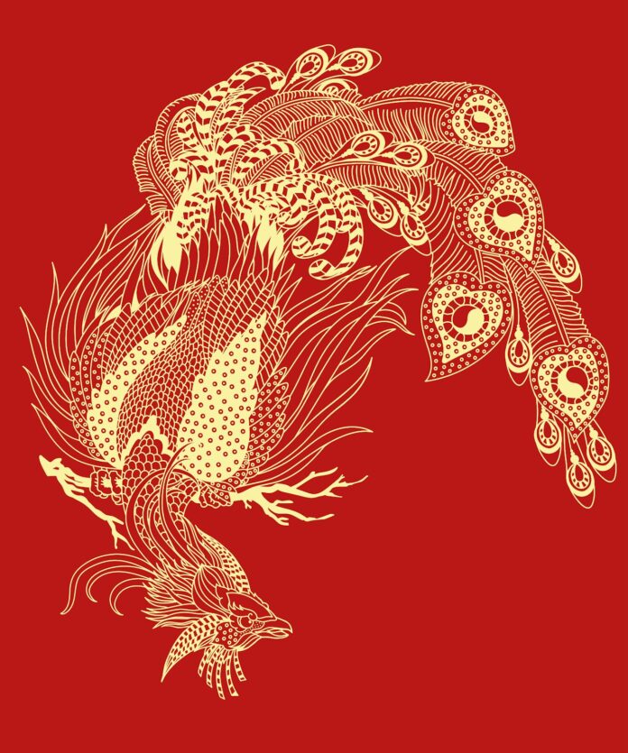 Minh họa Phượng Hoàng Á Đông cách điệu vàng trên nền đỏ rực, phong cách truyền thống