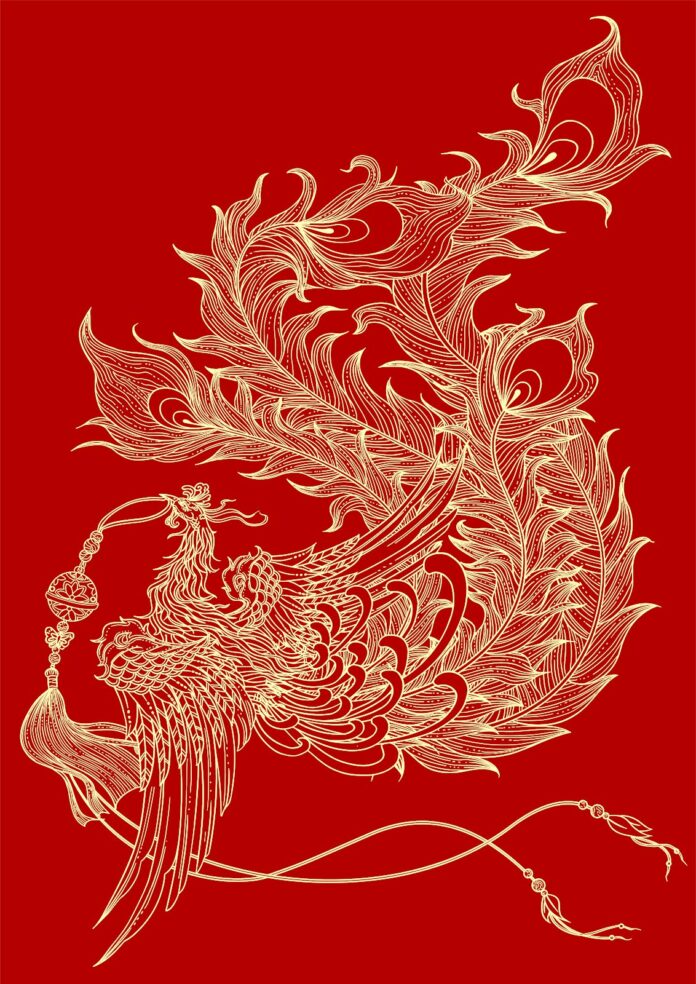 Phượng hoàng đỏ vàng vector phong cách truyền thống Châu Á, file EPS chất lượng cao