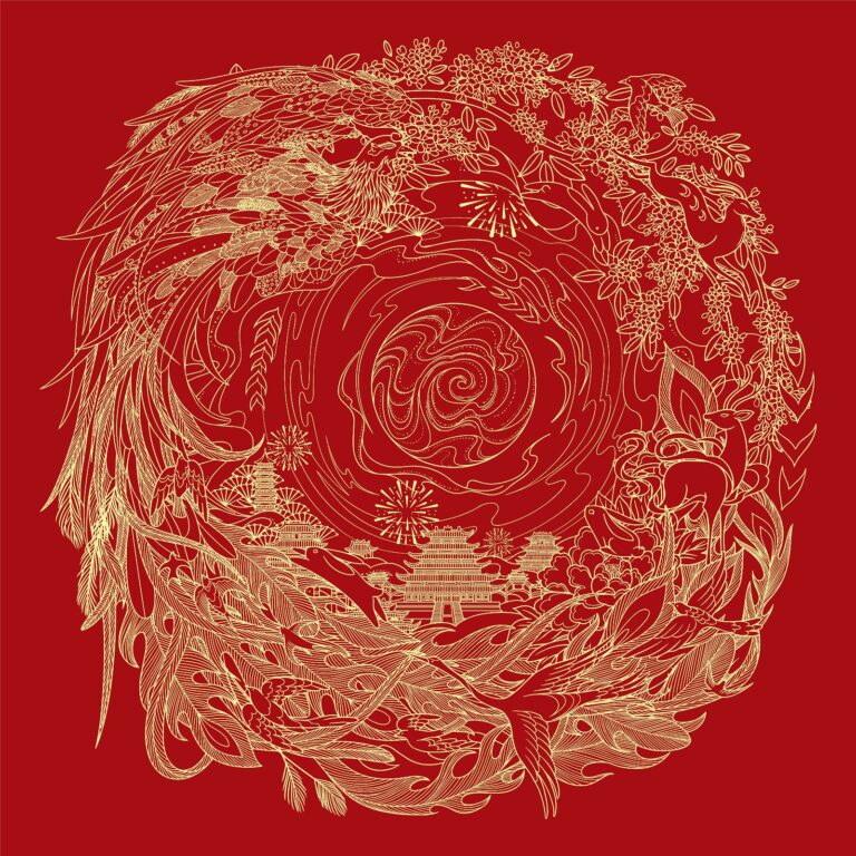 Thiết kế Phượng Hoàng Á Đông vector màu đỏ vàng kim, với các chi tiết hạc, hươu và hoa lá trong bố cục hình tròn.
