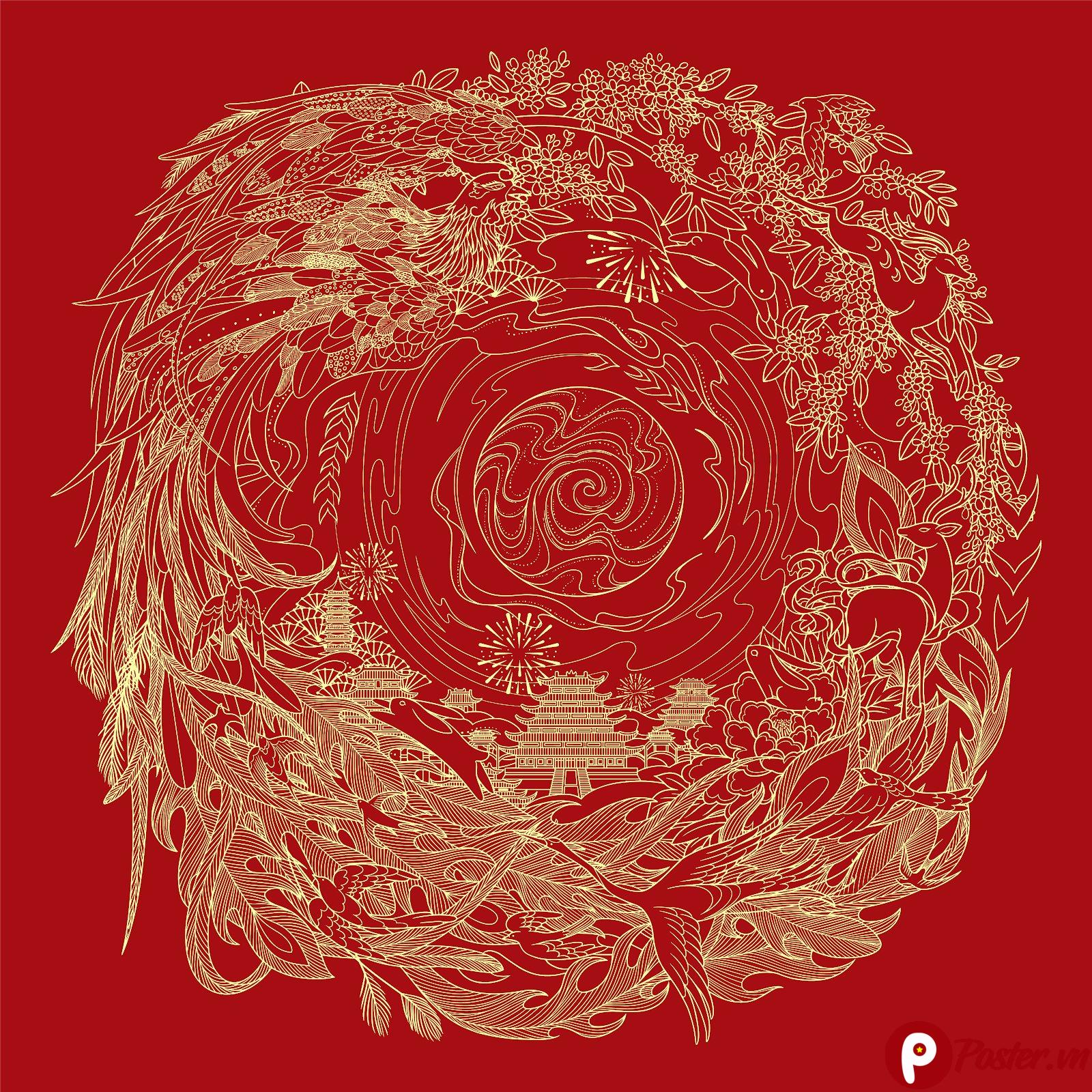 Thiết kế Phượng Hoàng Á Đông vector màu đỏ vàng kim, với các chi tiết hạc, hươu và hoa lá trong bố cục hình tròn.