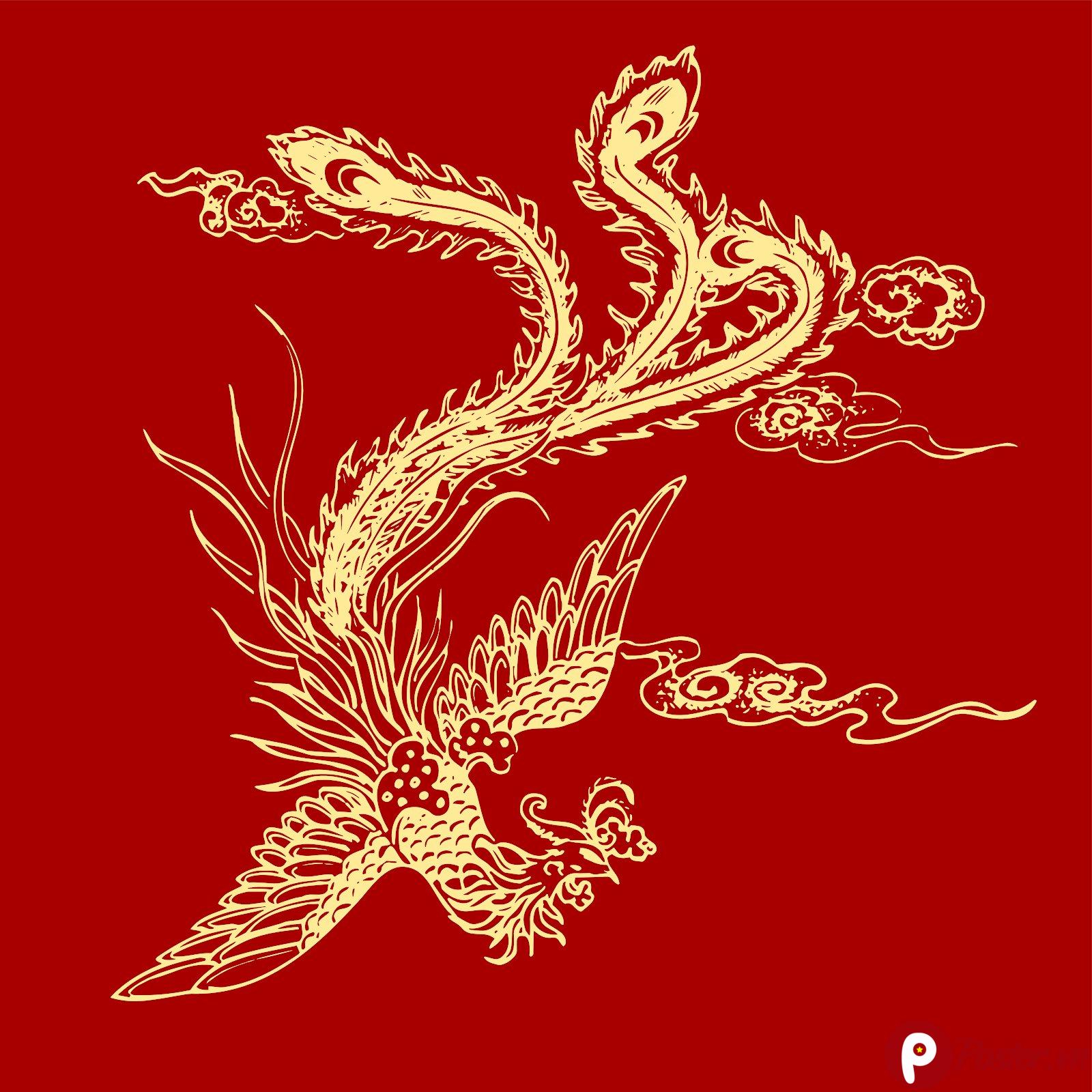 Hình ảnh vector chim Phượng Hoàng màu vàng trên nền đỏ rực rỡ theo phong cách truyền thống Á Đông, với các đám mây lành uốn lượn