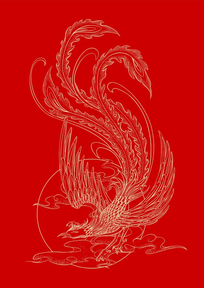 Hình ảnh phượng hoàng vàng kim bay trên nền đỏ, phong cách đồ họa truyền thống Á Đông, file EPS vector chất lượng cao