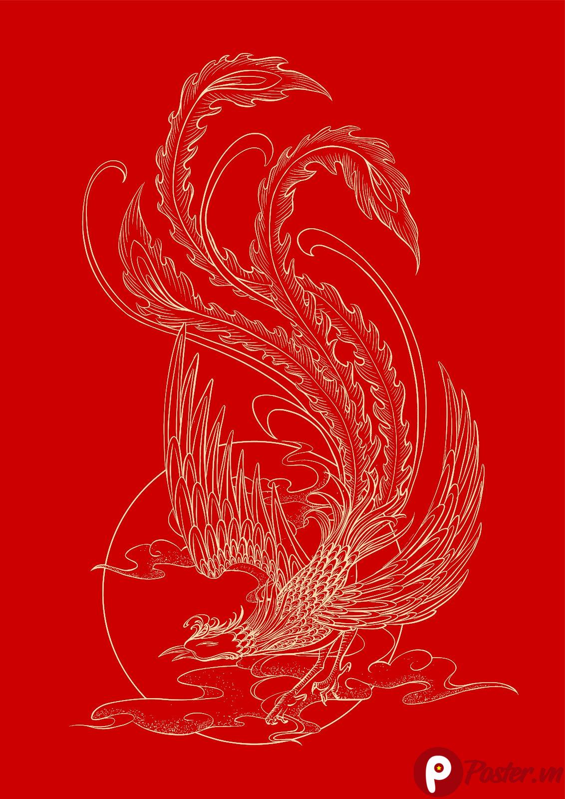 Hình ảnh phượng hoàng vàng kim bay trên nền đỏ, phong cách đồ họa truyền thống Á Đông, file EPS vector chất lượng cao