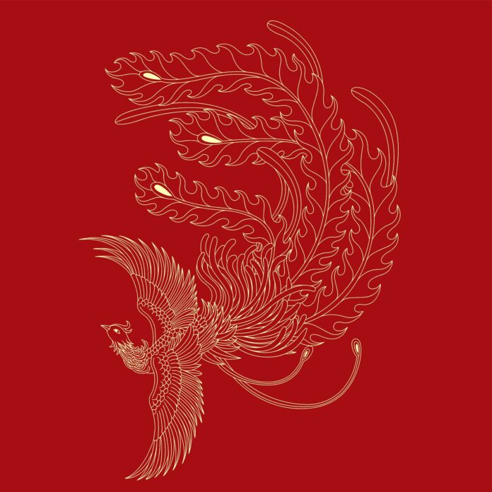 Vector phượng hoàng đỏ vàng kim phong cách Á Đông truyền thống đang bay lượn