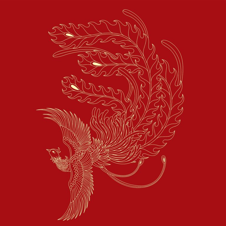 Vector phượng hoàng đỏ vàng kim phong cách Á Đông truyền thống đang bay lượn