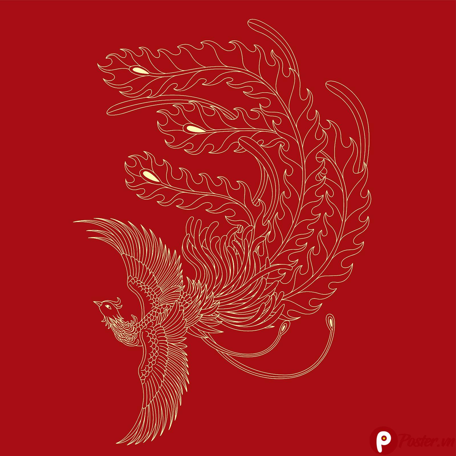 Vector phượng hoàng đỏ vàng kim phong cách Á Đông truyền thống đang bay lượn
