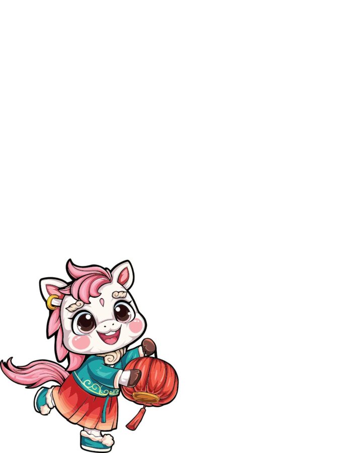 Pony chibi trắng ngà ôm lồng đèn đỏ, bờm hồng, trang phục truyền thống, phong cách hoạt hình vector vui tươi.