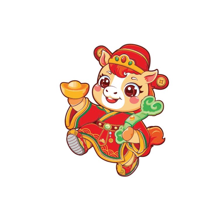 Vector Pony Chibi Tài Lộc đáng yêu, mặc trang phục truyền thống đỏ, cầm thỏi vàng và ngọc như ý, biểu tượng may mắn và thịnh vượng.