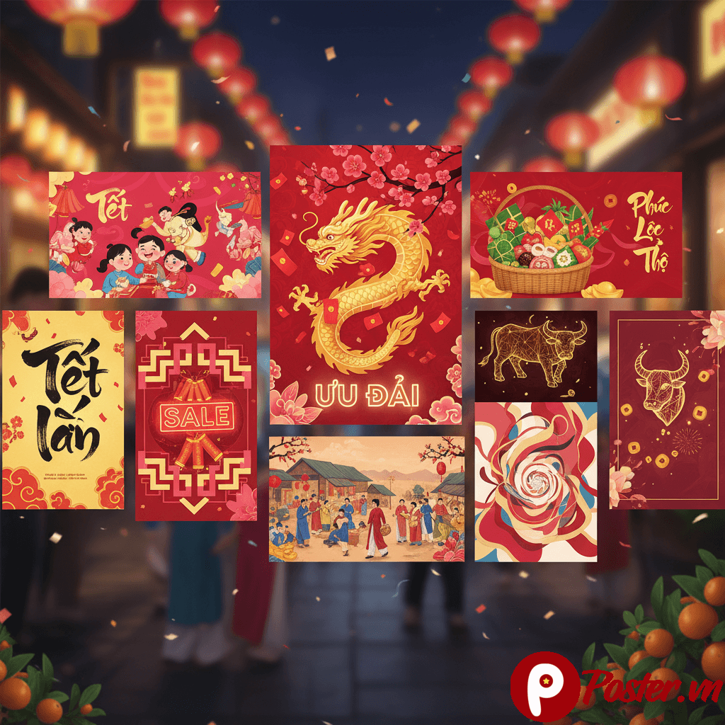 Các mẫu poster khuyến mãi Tết 2026 đa dạng với chủ đề giảm giá, giỏ quà, dịch vụ và lì xì, trang trí rực rỡ với hoa mai đào và pháo hoa.
