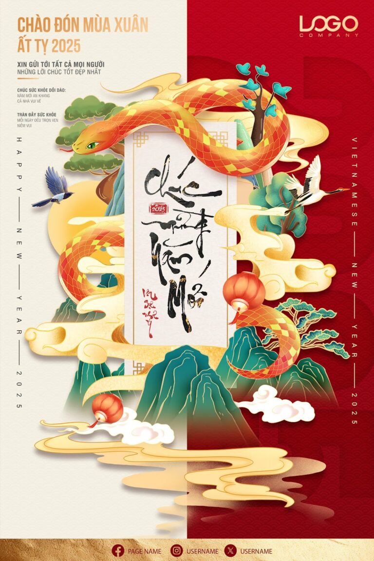 Poster chúc mừng năm mới Ất Tỵ 2025 với rắn vàng, thư pháp và biểu tượng Tết