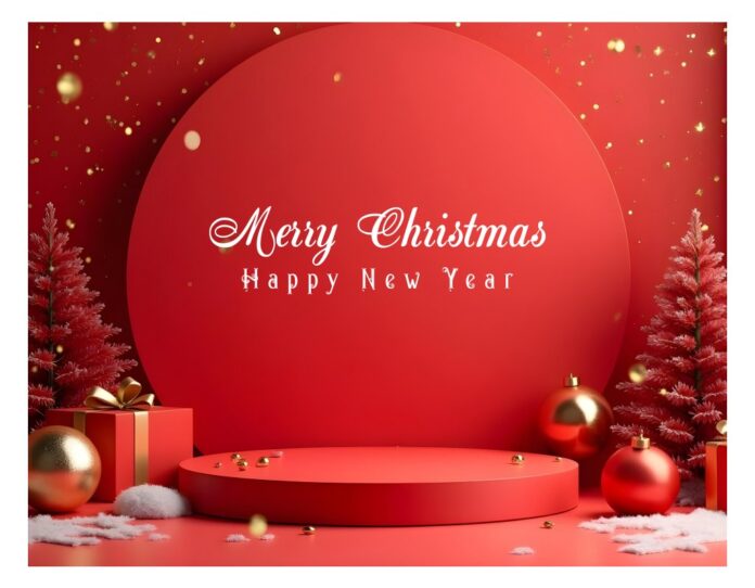 Background 3D Giáng Sinh Năm Mới đỏ vàng sang trọng, hiện đại, có bục trưng bày sản phẩm và chữ Merry Christmas Happy New Year.