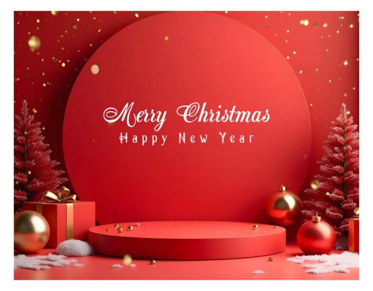 Background 3D Giáng Sinh Năm Mới đỏ vàng sang trọng, hiện đại, có bục trưng bày sản phẩm và chữ Merry Christmas Happy New Year.
