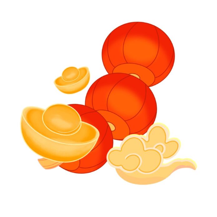 File PSD Tết Nguyên Đán với lồng đèn đỏ, thỏi vàng và mây cát tường vàng trên nền trắng, phong cách hoạt hình phẳng