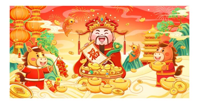 File PSD Thần Tài Tết hoạt hình vui tươi, Ông Thần Tài cầm chữ Phúc, hai chú ngựa vàng, vàng thỏi, đèn lồng, pháo hoa, núi và chùa vàng, phong cách hoạt hình đáng yêu cho thiết kế Tết.