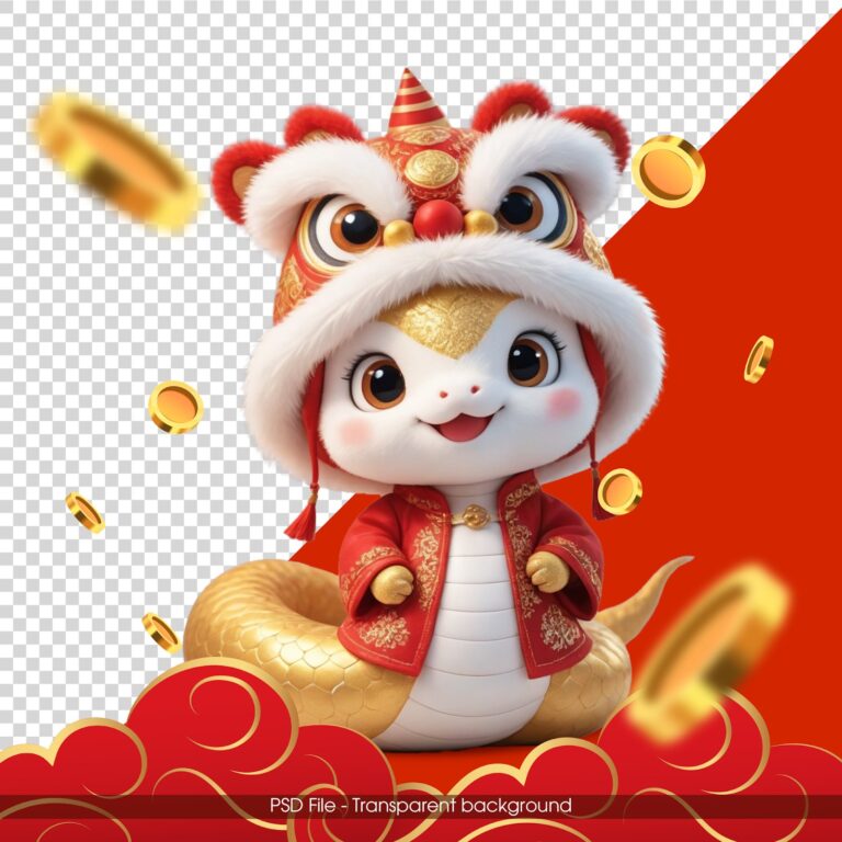 Hình ảnh vector linh vật rắn chibi dễ thương đội mũ lân đỏ, bao quanh bởi đồng xu vàng, đám mây may mắn, trong không khí Tết Nguyên Đán 2025.