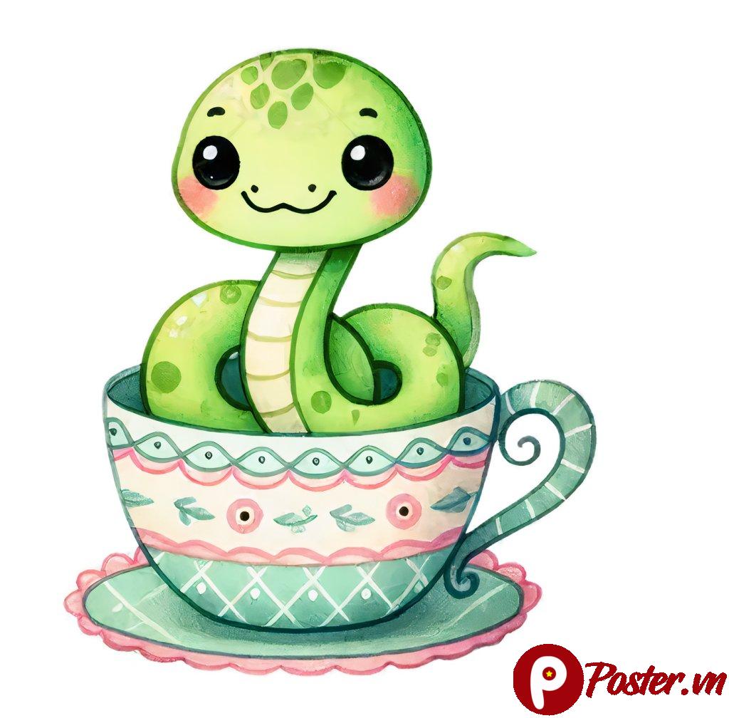 Rắn hoạt hình dễ thương trong tách trà