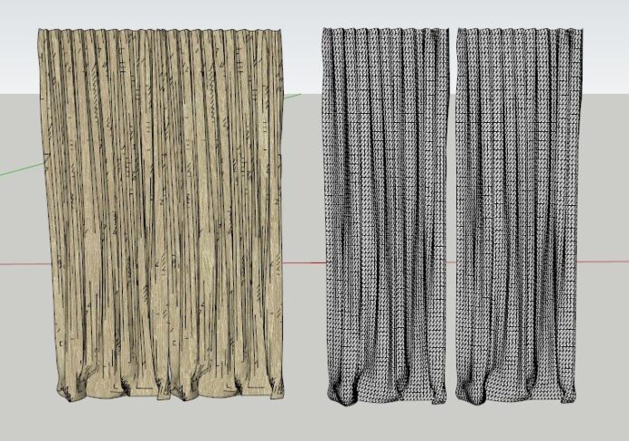 Mô hình rèm cửa 3D với hai phiên bản: một bên hiển thị kết cấu vải màu be với đường viền, một bên hiển thị cấu trúc khung lưới (wireframe) màu đen trên nền xám xanh.